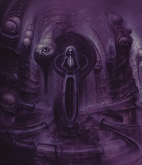 The image depicts a surreal, otherworldly landscape with towering, twisted structures that resemble organic growths or mechanical components. The scene is dark and eerie, with a muted color palette dominated by purples and blacks.Surreal biomechanical horr...