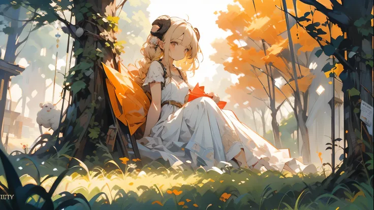 a beautiful girl with blonde pigtail braids, brown eyes, white sheep ear on her head,white dress, sitting in a field of green grass at dusk, warm orange lighting, oil painting, fantasy illustration, concept art, vibrant colors 