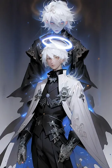 "Create a mature version of an anime-style character with white hair and a halo. The character should wear an elaborate white and black outfit with a fur-lined cape, a bow tie, and various accessories. The character holds a staff with a glowing blue tip an...