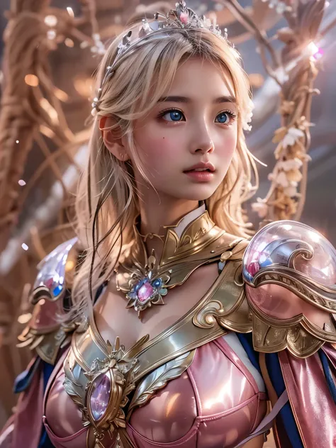 masterpiece, top quality , 8k,  Photorealistic,  high res,  1 girl, Alone, ( detail face ),  blondes, Transcendental Beautiful Girl , gem、 princess, glowing skin,A super cute, shiny metal breastplate that is perfectly shaped to fit the shape of the chest a...