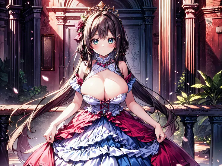  Medieval Europe, Aristocrat Young Lady ,  Floral Crinoline Hoop Skirt, red petticoat dress ,  big breasts, hyper detailed beautiful eyes,  hair ornament, Fluffy, 