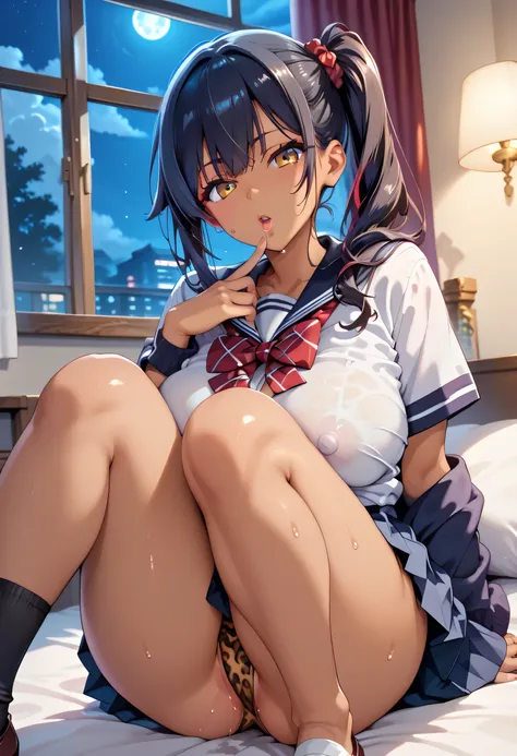 (masterpiece,  top quality ,  ULTRA DETAIL,  high res),  Takeda Hiromitsu Style , ( 1 girl),  high school girl uniform,  big eyes,  curvy body to hide fingers,  viewers sweat a lot, black hair, side ponytail,( brown skin next to a woman, tanned skin ),Big ...