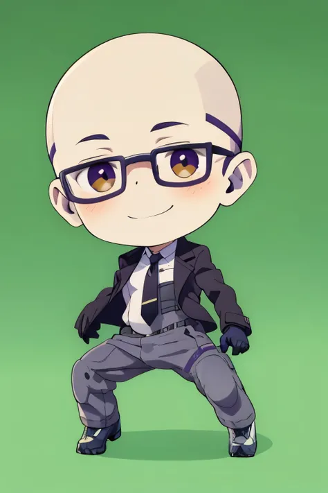 1MAN,Purple lips,chibi,man,glasses,suit,No hair,full body,green background,No hair,skinhead,moron,freckle,necktie,Cool,blacksuit,smiling face