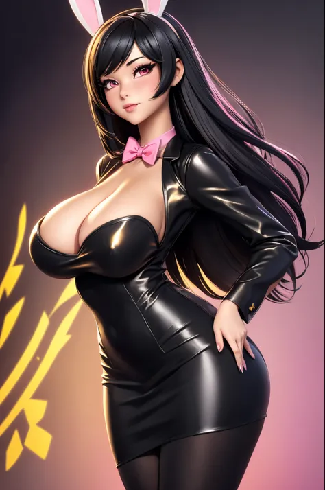 Golden bunny ears girl anime and gold black dress wearing sexy casino employee dress, bird blood high waist skirt, pink eyes, straight hair, full black hair, holding card in hand, perfect hand holding 3D card, big boobs, big boobs, bunnygirl, realistic swe...