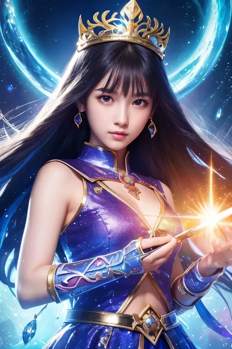  high image quality、 real、 beautiful girl、 bright colors、delicate、 Decisive Detailed 、 fantastic、 mysterious in another dimension、Different dimension、 Goddesss Sacred Sword 、Two-Way、 realistic、 Sparkling Outfit 、Sharp Sword 、Wow 、Spell casting、Sun、 Symmetr...