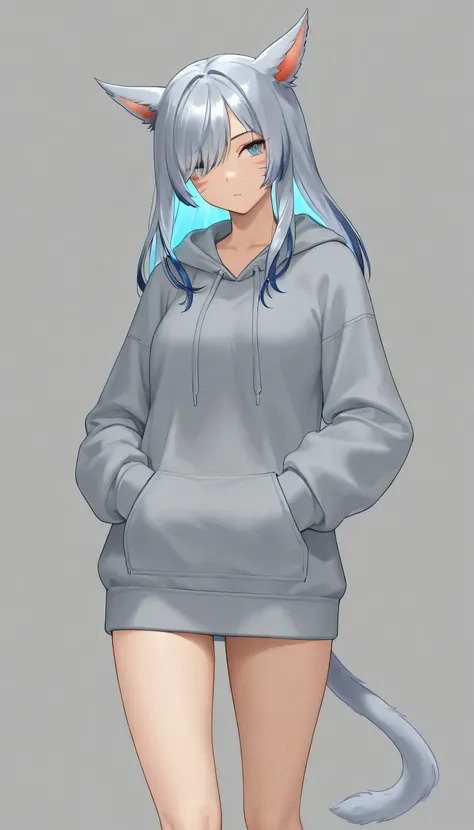 masterpiece,1girl, colored inner hair gray hair blue hair,  ,, gray oversized hoodie,  inner tank top , Hair on one eye, Long hair tips, Miqote