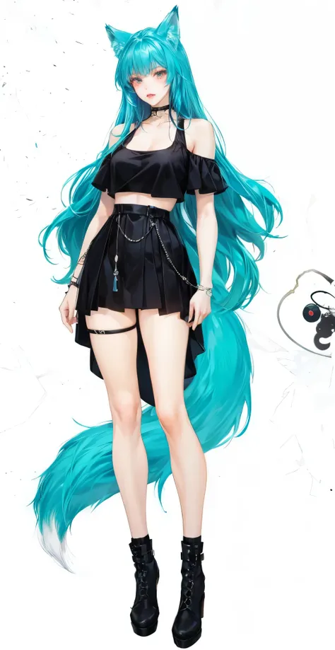  girl , fox ears,  fox tail ,  blue hair,  white ear and tail tips, black skirt, black top, heterochrony ,  long hair 