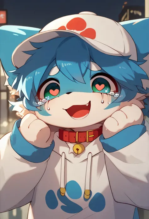   very detailedな,  very detailed,Blue fur,  blue hair,,female, looking at bones ,Heart Eye,participate,Red collar, green white and colored hat ,  cute face,  LIKE A FLUFFY FURRY , excited, Lustful Girl,city,smile,, Stylish city,doll,Dropped ears, crying a ...