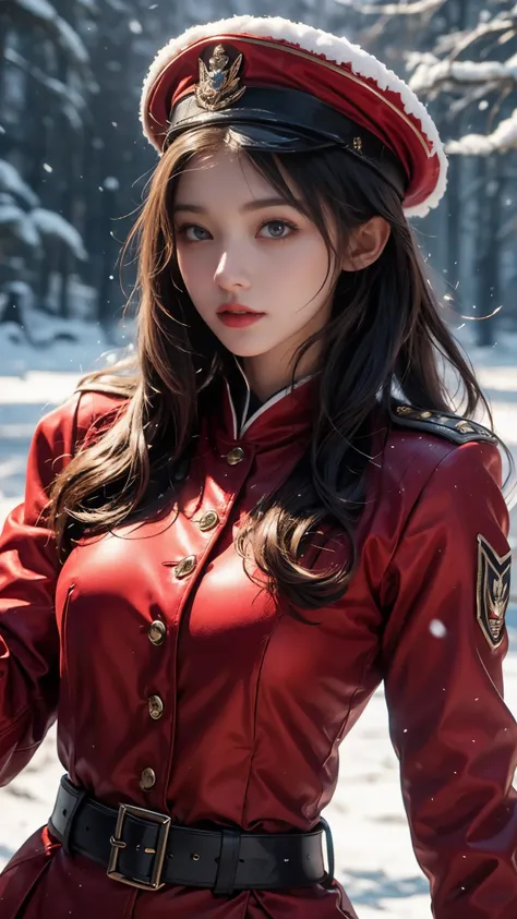 8k, ultra hd, masterpiece, 1 girl, ((innocent face)), very long hair, detailed eyes, ((military outfit)), ((red outfit:1.5)), ((belt)), ((bare arms)), military hat, in the battlefield, ((bloom)), winter season, ((snow falling)), ray tracing, cinematic pose...