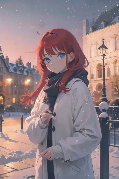 Europe. girl with red hair. The girl has blue eyes. The girl is wearing a pastel winter clothes. Winter. Christmas.