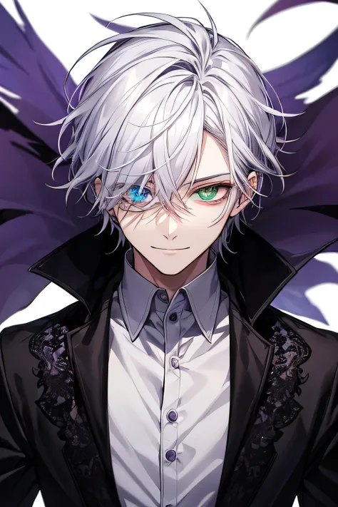 Male. He is wearing a shirt: one half is black, the other is white, there are black lace details. Hair: dark purple color, there are strands of white hair. Eyes: heterochromia; one eye is light blue, the other is dark purple. The look is desperate and insa...