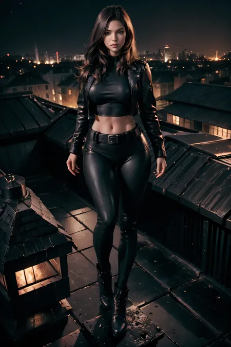 full body Realism, SEXY SENSUAL BEAUTY SUPERHEROINE DARK ANGEL, I was with short top, black leggings, leather jacket, black nails and long brown hair. i was having the perfect curvie body  standing on the roof of a house and looking at the dark night city ...