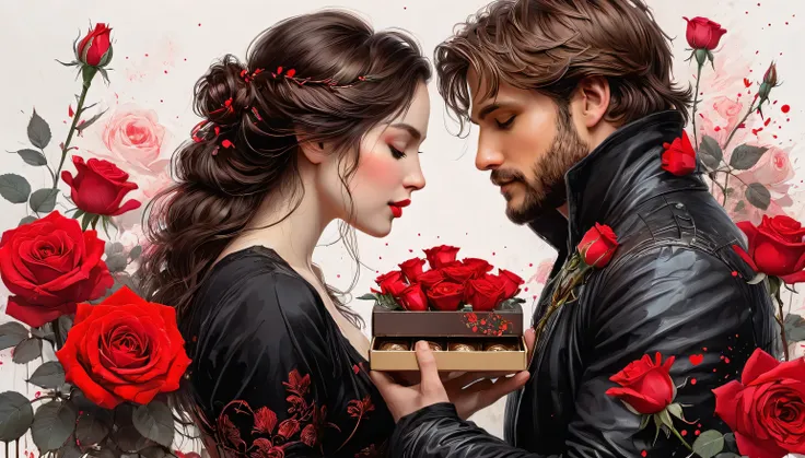 Create an image inspired by the romanticism of great artists, valentines day, box of chocolate, red roses, intimate, romantic, passion, masterpiece, best quality, 8k, HDR, RGB, oil paints, watercolor, ink,, by Minjae Lee, Carne Griffiths, Yoann Lossel, Wa...