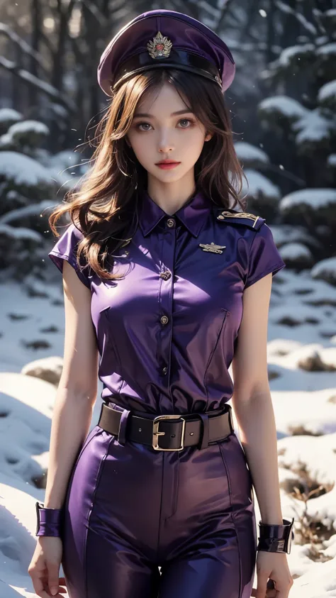 8k, ultra hd, masterpiece, 1 girl, ((innocent face)), very long hair, detailed eyes, ((military outfit)), ((purple outfit:1.5)), ((belt)), ((bare arms)), military hat, in the battlefield, ((bloom)), winter season, ((snow falling)), ray tracing, cinematic p...