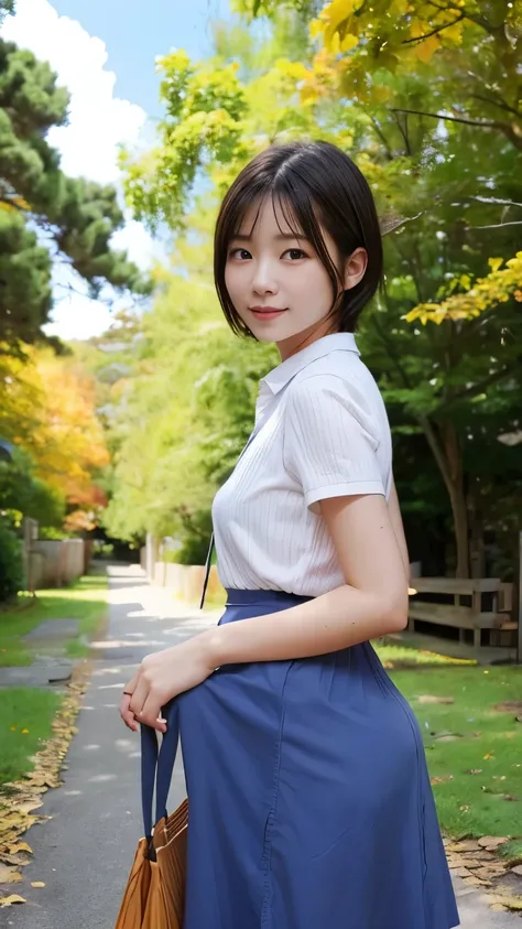  top quality 、 super A high resolution、( Photorealistic:1.4)、 Original photo、1 Japanese Women、20 years old、solo、 cute little 、 Detailed Beautiful Face 、( short hair)、garden、Autumn、 skirt 、Yoshiko Akishino、Erection under clothes