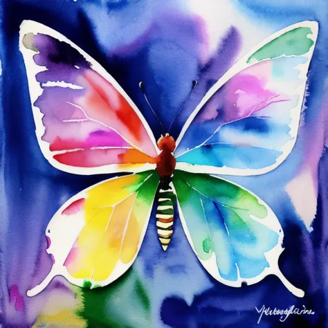 a painting of a butterfly with purple and yellow wings, a watercolor painting by Yang J, flickr, fantasy art, watercolor art, watercolour, watercolor, waterpaint art, watercolor painting, butterfly, watercolour painting, watercolor paint, water colour, pai...