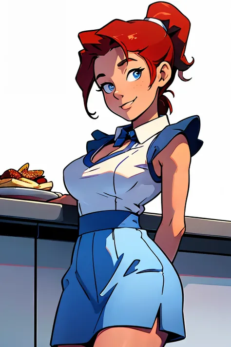 masterpiece, best quality, half body, highest image quality, woman, looks like Olivia Dunne, bright red hair, ponytail, blue eyes, (large breasts:1.4), diner waitress uniform, White background, empty background, regular standing, small smile