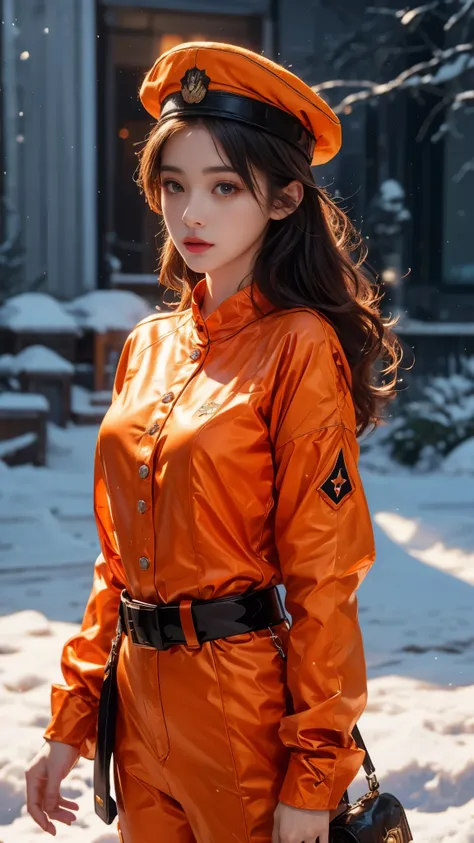 8k, ultra hd, masterpiece, 1 girl, ((innocent face)), very long hair, detailed eyes, ((military outfit)), ((orange outfit:1.5)), ((belt)), ((bare arms)), military hat, in the battlefield, ((bloom)), winter season, ((snow falling)), ray tracing, cinematic p...