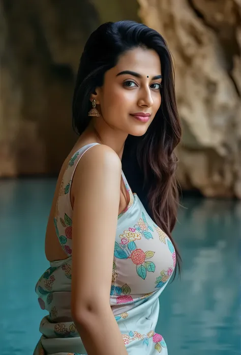 Side Portrait of A topless confident-looking indian woman with long flowing hair, hazel eyes, flowing see through saree, her hair covering her perfect c-cup breasts, sitting in pool, caves background, bokeh, perfect composition, hyperrealistic, super detai...