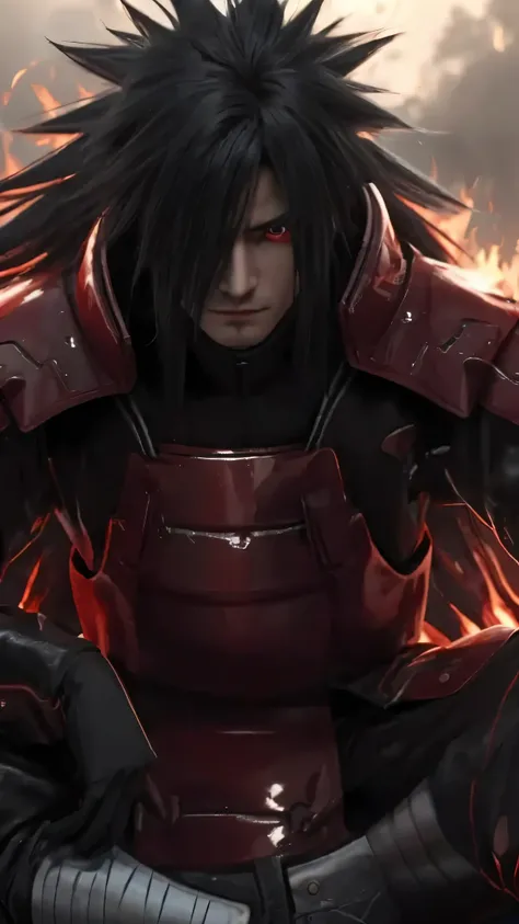 Madara Uchiha,,changed eye colour red eyes , rinnegan ripple glowing Eyes, Naruto anime character anime, anime, black hair, red eyes, fire, guy, fire, badass anime 8 k, madara uchiha, handsome guy, realistic, 3d, detailed hair