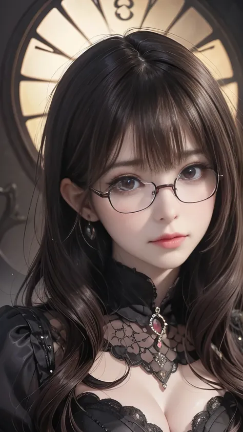 ( top quality ,4K,8k,  nothing ,masterpiece:1.2),   very detailed,( realistic ,photo realistic ,photo- realistic :1.37),   Closeup of a dark-haired woman in black, Dark Eyes,Bad luck笑顔,((((Glasses、Red glowing eyes、Short Hair))))、((((  Dark Fantasy Portrait...