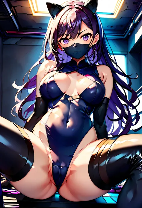 1girl, sexy body, posing for a picture, laying at the floor, her back touching the floor, belly up, neon color grading, soft focus, cyberpunk ninja, thigh high boots, a beautiful anime girl with long purple hair, wearing a black and purple catsuit, in the ...