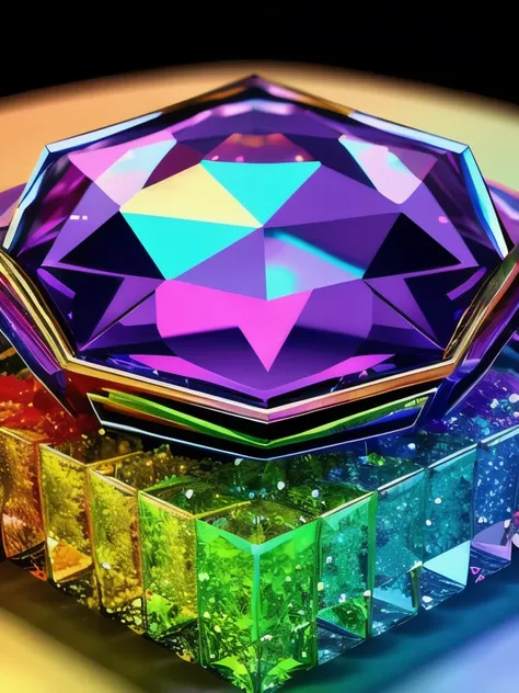 a close up of a crystal object on a table, colourful 3 d crystals, shining crystals, 3 d ray traced crystals and gems, colourful 3 d crystals and gems, colourful 3d crystals and gems, beautiful crystals, magical crystals, colorful crystals, made of multico...