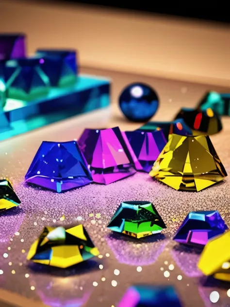 a close up of a crystal object on a table, colourful 3 d crystals, shining crystals, 3 d ray traced crystals and gems, colourful 3 d crystals and gems, colourful 3d crystals and gems, beautiful crystals, magical crystals, colorful crystals, made of multico...