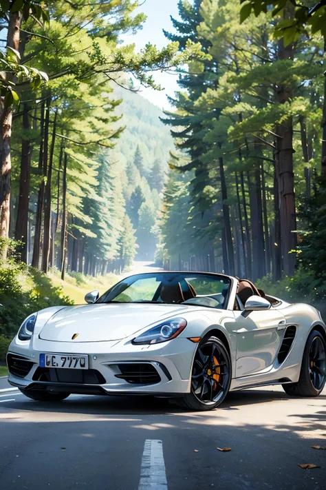 (( top quality )), ((masterpiece)), The white 718 Boxster 　 is running on a forest road