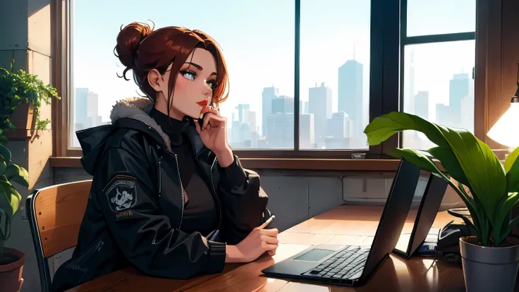 "A strikingly elegant woman sits in a modern industrial workspace, her posture poised yet relaxed as she works intently on her laptop. Her auburn hair is tied into a loose messy bun, with delicate strands of dark blonde streaks framing her face. Her pierci...