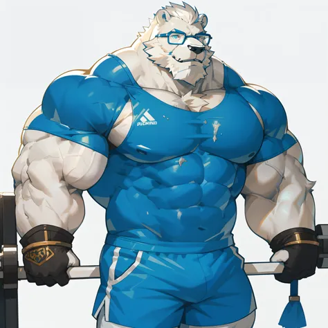 Alone, 1 ,  Huge muscular White Polar Bear wearing glasses , huge PIEL BLANCA, chest, chest enorme, wide chest,  Short white hair ,  blue shorts ,  wristbands and blue sleeveless t-shirt,  white beard,  very dirty, PIEL BLANCA,  simple background,  masterp...