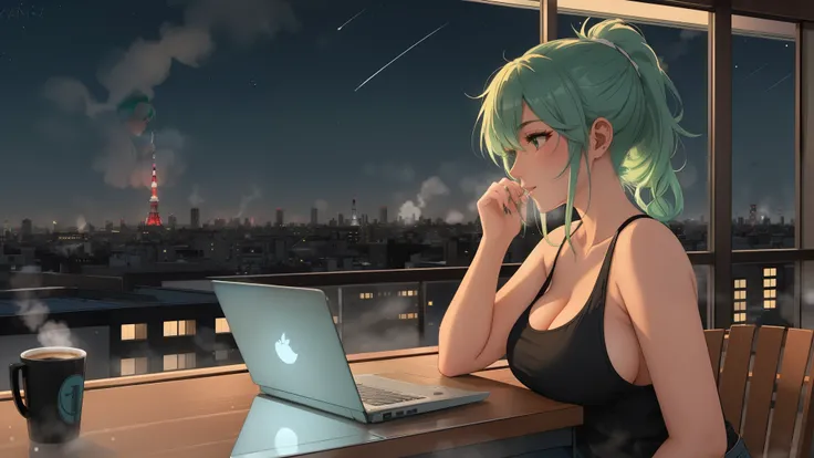 "A woman big breast with green hair tied in a ponytail sits on a chair on a rooftop balcony, gazing up at the starry night sky. She is dressed in a black tank top and blue jeans, her posture relaxed yet thoughtful. A laptop is open on the small table besid...