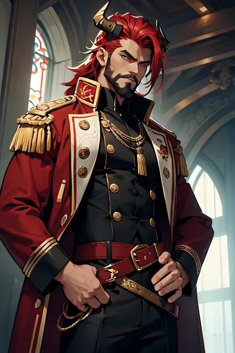 Male character, red-skinned with a muscular build, wearing a long pirate-style coat with maroon outer fabric and white polka dots, and the inside has black-and-white vertical stripes. The coat features decorative epaulets with gold and white feather-like d...