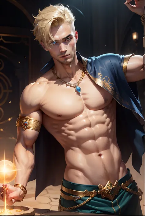 
 Young man with short blond hair , fixed eyes,  two blue marks around the eyes , shirtless,  wide blue pants with some details and similar to Arab pants,  two gold bracelets with sapphires on the wrists ,  gold crown with sapphires and similar to a tiara ...