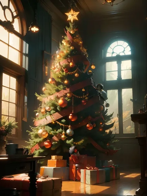 (Best Quality),(masutepiece),(ultra-detailliert),(detaileds),(Extremely detailed),There is a large window in the middle of the room.、There is a large Christmas tree in the center, dark and moody, broody, Scary, neons, barroco, romantic, intricate detailes,...