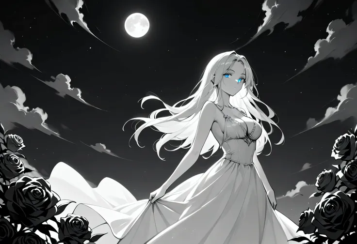 score_9, score_8_up, score_7_up, score_6_up, score_5_up, score_4_up, (black and white art: 1.5) mostly black and white, a picture of a beautiful vampire, long hair hair, blue eyes, wearing white silk dress, with (red roses on the dress: 1.1),  backless dre...