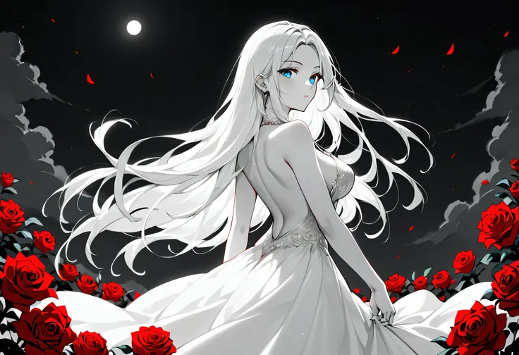 score_9, score_8_up, score_7_up, score_6_up, score_5_up, score_4_up, (black and white art: 1.5) mostly black and white, a picture of a beautiful vampire, long hair hair, blue eyes, wearing white silk dress, with (red roses on the dress: 1.3),  backless dre...