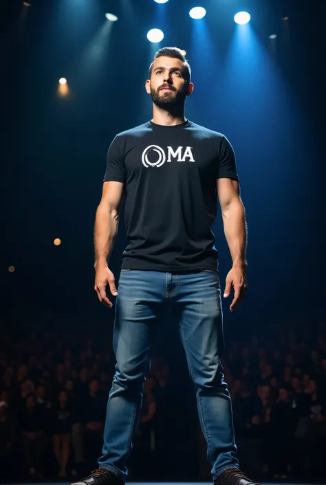 In the center of the picture  " is a man with talent ", a stage style , , a 34-year-old man standing , full length, , with an imposing and determined posture . , fair skin ,  , well-trimmed beard  , , short brown hair and strong green eyes . , wearing blue...