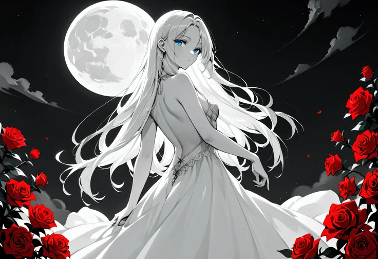 score_9, score_8_up, score_7_up, score_6_up, score_5_up, score_4_up, (black and white art: 1.5) mostly black and white, a picture of a beautiful vampire, long hair hair, blue eyes, wearing white silk dress with (red roses on the dress: 1.3),  backless dres...