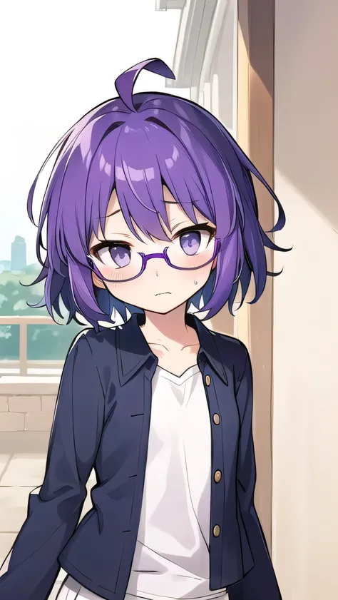 (Purple hair:1.4), gray eyes, white , navy blue miniskirt, , short, short long hair, kind expression, shy, , slightly exposed. hair,(flipped hair ), flipped hair, long sleeves, ahoge, girl alone, flipped hair, flipped hair, flipped hair, flipped hair, glas...