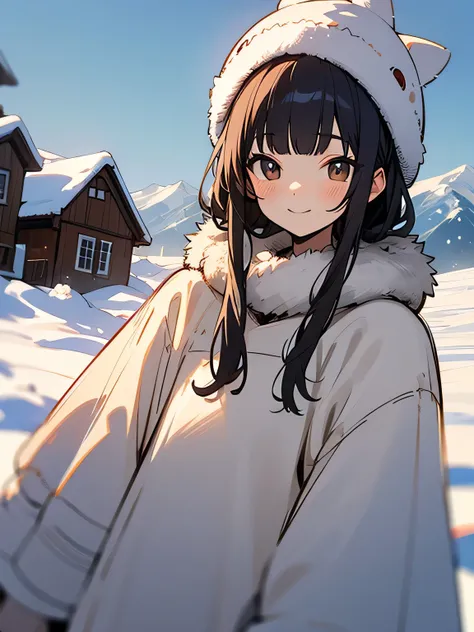 dutch angle,Alone, upperbody ,black hair,blunt bangs,undercut, Snow Country Fur Warm Clothes、 Fur Warm Hat 、House with Snow Piling Up 、Mountain々、smile、 Beautiful Sights 、 Asahi 、(manga style),(sketch),(illustration)