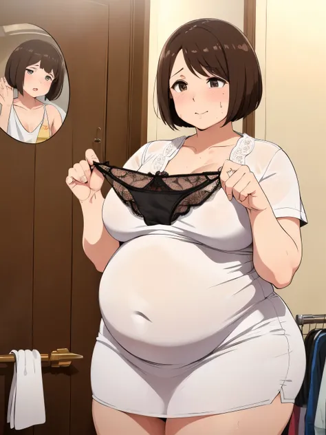 (( top quality, masterpiece)),   mature、 cute、 I have 40 clothes &#39;S、  panties
Please show me your panties、 Crotch dirty lace panties 、 scattered sweat  、、:1.3), ((    mature :1.5、very chubby 、   dark brown hair  、  short hair、),  dressing room 