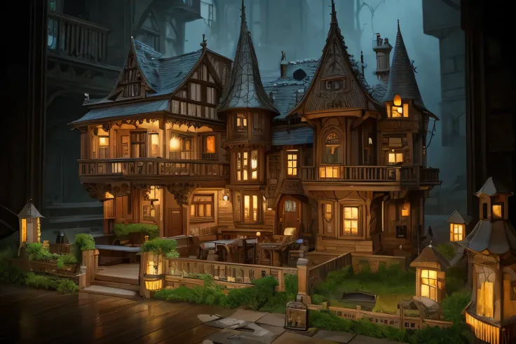 a close up of a cutaway of a house with a lot of rooms, concept art inspired by Anton Pieck, cg society contest winner, lowbrow, an evil villains lair, steampunk villages castles, mansions of madness, intricate from baldurs gate, ultra detailed haunted hou...