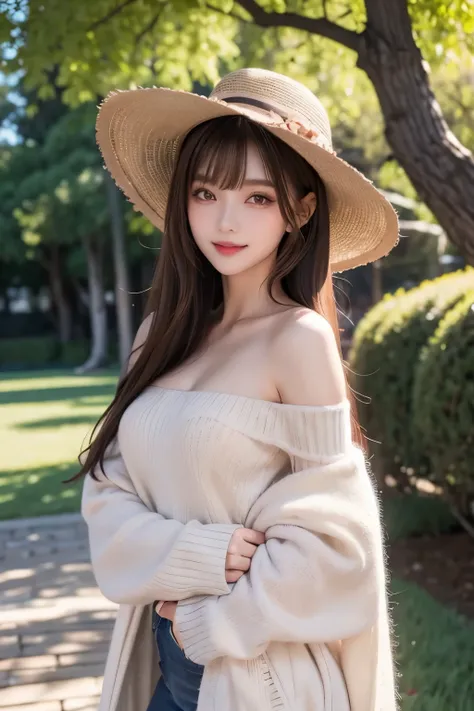 1girl, (medium-small breasts), light brown hair, blunt bangs, long hair, make up, light smile, large mage hat, off shoulder sweater, fantasy setting, standing under a tree, meadowland background, high quality, masterpiece,