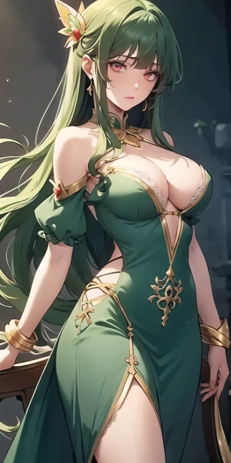 (masterpiece, best quality),1girl, (long wavy hair), ((dark green hair)), ((sided bangs)), (blood red eyes), pale skin, natural makeup, emerald green dress with sleeves, the dress has lace in a light green tone and grayish white, ((no neckline)), gold acce...