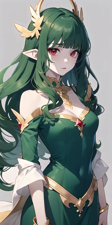 (masterpiece, best quality),1girl, (long wavy hair), ((dark green hair)), ((sided bangs)), (blood red eyes), pale skin, natural makeup, emerald green dress with sleeves, gold accessories, red gemstones, anime, 2D, detailed eyes, detailed hair, (solid color...