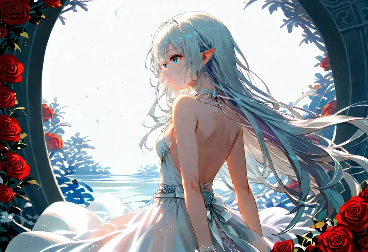 score_9, score_8_up, score_7_up, score_6_up, score_5_up, score_4_up, (black and white art: 1.5) mostly black and white, a picture of a beautiful vampire, long hair hair, blue eyes, wearing white silk dress with (red roses on the dress: 1.3), backless dres...