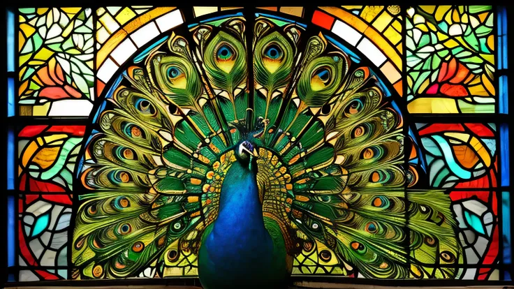 a close up of a stained glass picture of a peacock, stained glass art, green stained glass, psychedelic peacock, stained glass style, art nouveau, peacock themed, highly detailed fine art, intricate stained glass, verdant, stained glass, beautiful peacock,...