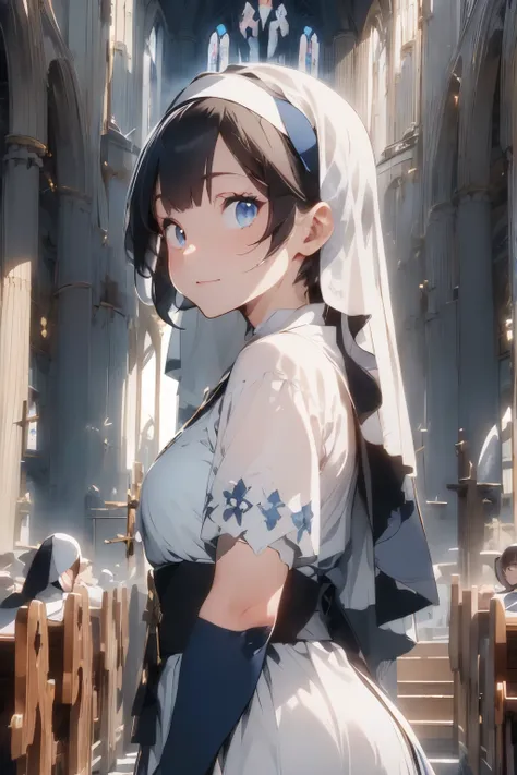 ((Top Quality)), ((Excellent)), (Detailed), ((Japanese)), Ultra-Realistic, Stunning Environment, Vivid Colors, Dark Hair, (ish Face), ((Sister)), ((Church)), ((Chapel)), ((Wimple)), ((Blue Eyes)), Half-Smile, ((Scapular)), ((Nuns Veil)), Shiny Hair, Blunt ...