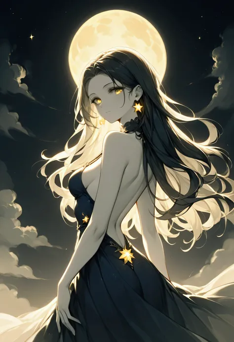 score_9, score_8_up, score_7_up, score_6_up, score_5_up, score_4_up, (black and white art: 1.5) mostly black and white, a picture of a beautiful woman, long hair, wearing dark blue dress, with yellow glowing stars on it, backless dress, small cleavage, it ...